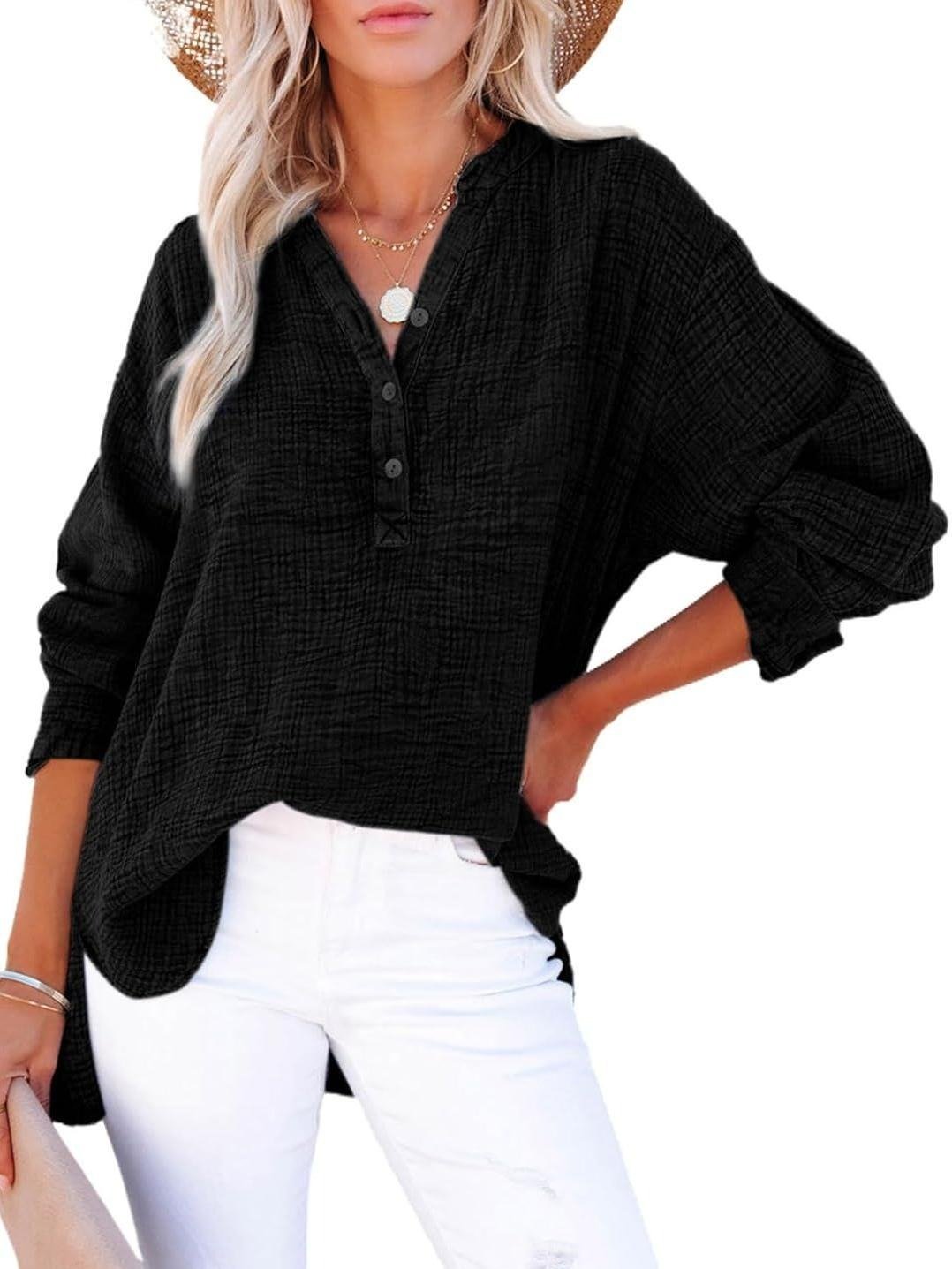 Womens Casual Button V Neck Long Sleeve Shirts Oversized Solid Blouses Tops