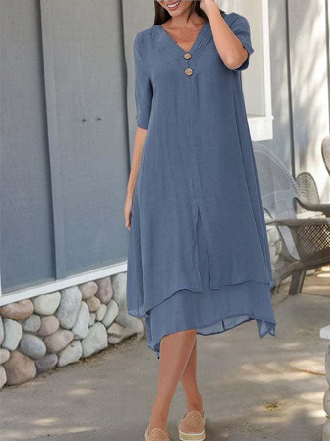 Cotton And Linen Double-Layer Slit V-Neck Art Dress