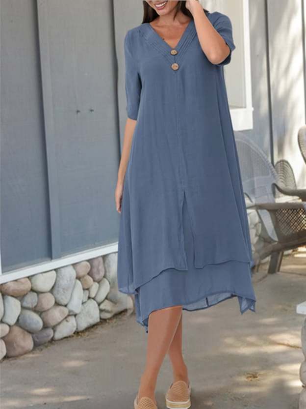 Cotton And Linen Double-Layer Slit V-Neck Art Dress