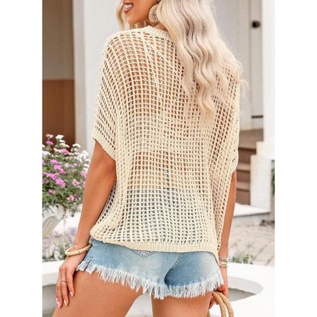 🎁 Womens Summer Scoop Neck Short Sleeve Sweater Casual Crochet Hollow Out Knit Tops Pullover Shirts Beach Coverup