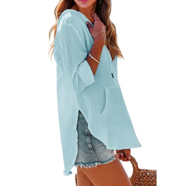 Women's Oversized Hooded Beach Cover Up - Long Sleeve V-Neck Pocket Shirt