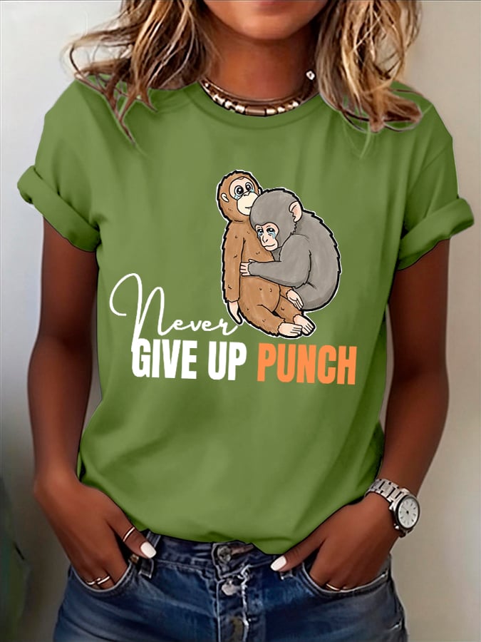 Women's Retro Baby Monkey Punch Never Give Up Print T-shirt