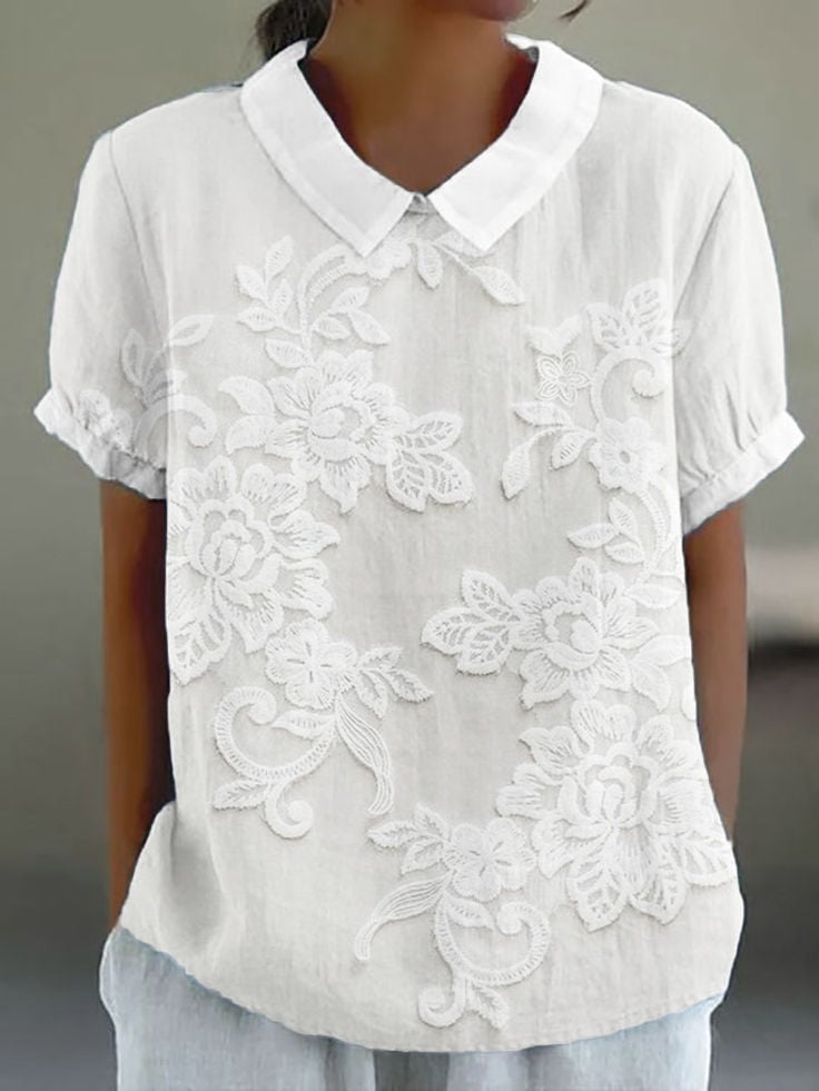 Women's Casual Lace Floral Embroidery Print Shirt