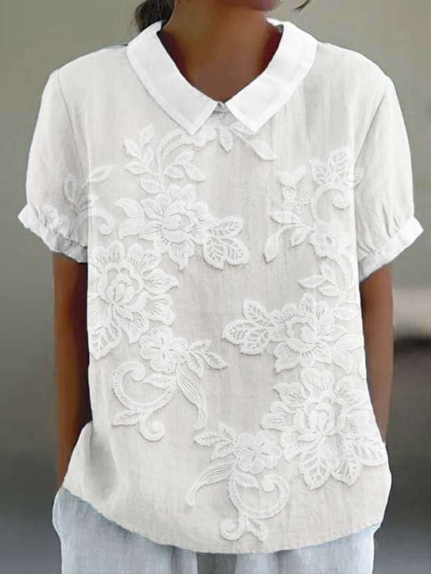 Women's Casual Lace Floral Embroidery Print Shirt