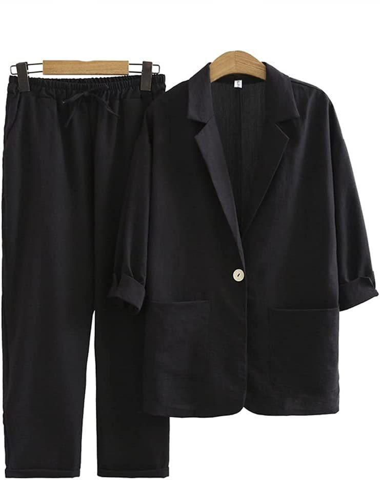 Women'S Commuter Suits Cotton And Linen Jacket Pants Pocket Loose Fash
