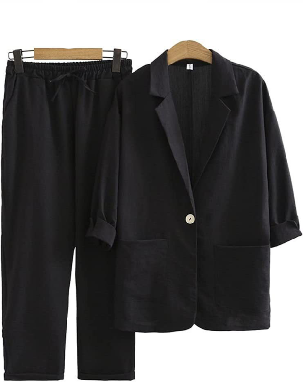 Women'S Commuter Suits Cotton And Linen Jacket Pants Pocket Loose Fashion Casual Suit