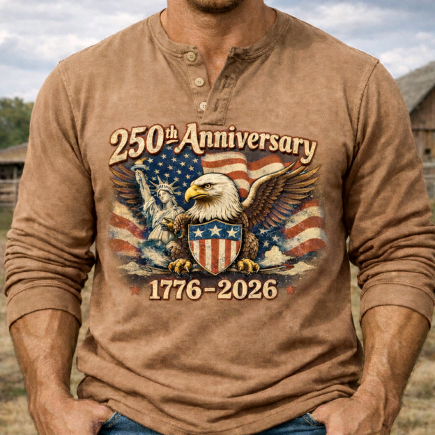Men's US 250th Anniversary 1776-2026 Henley Shirt – Vintage Eagle & Statue of Liberty Patriotic Long Sleeve Top