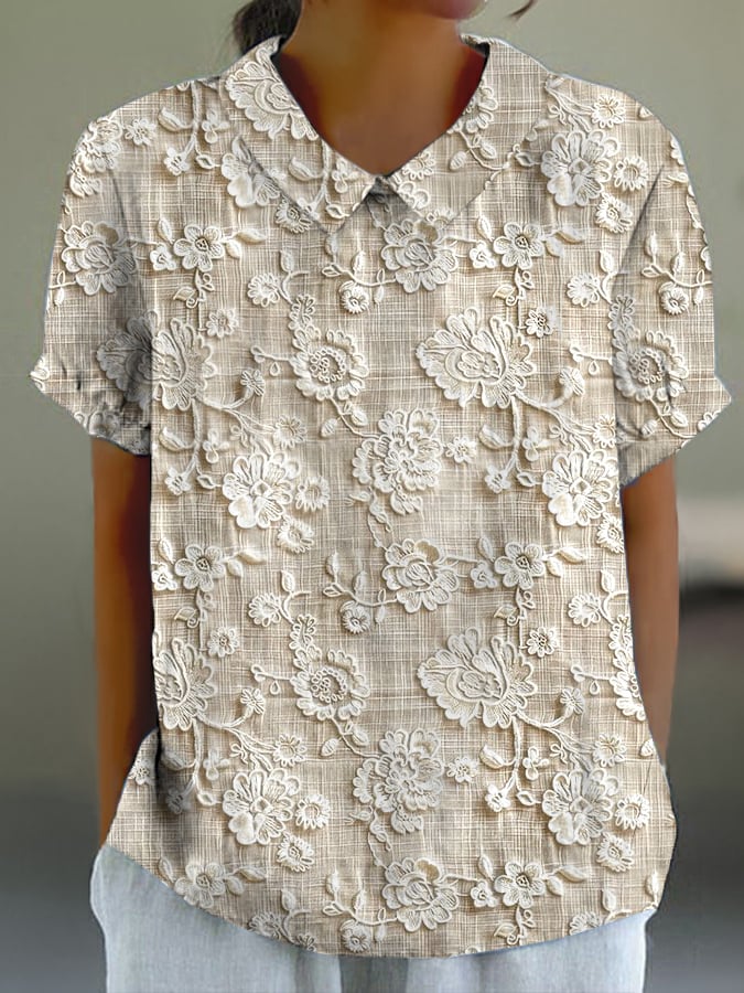 Women's Casual Lace Floral Embroidery Print Shirt