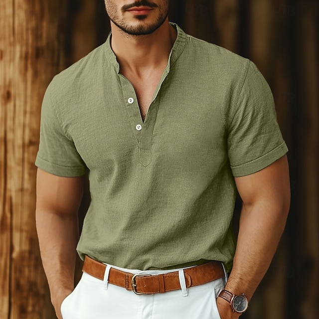 Men's Shirt Linen Shirt Band Collar Shirt Popover Shirt Summer Shirt Beach Wear Plain Vacation Casual Black White Pink Navy Blue Short Sleeve Henley Summer Clothing Apparel