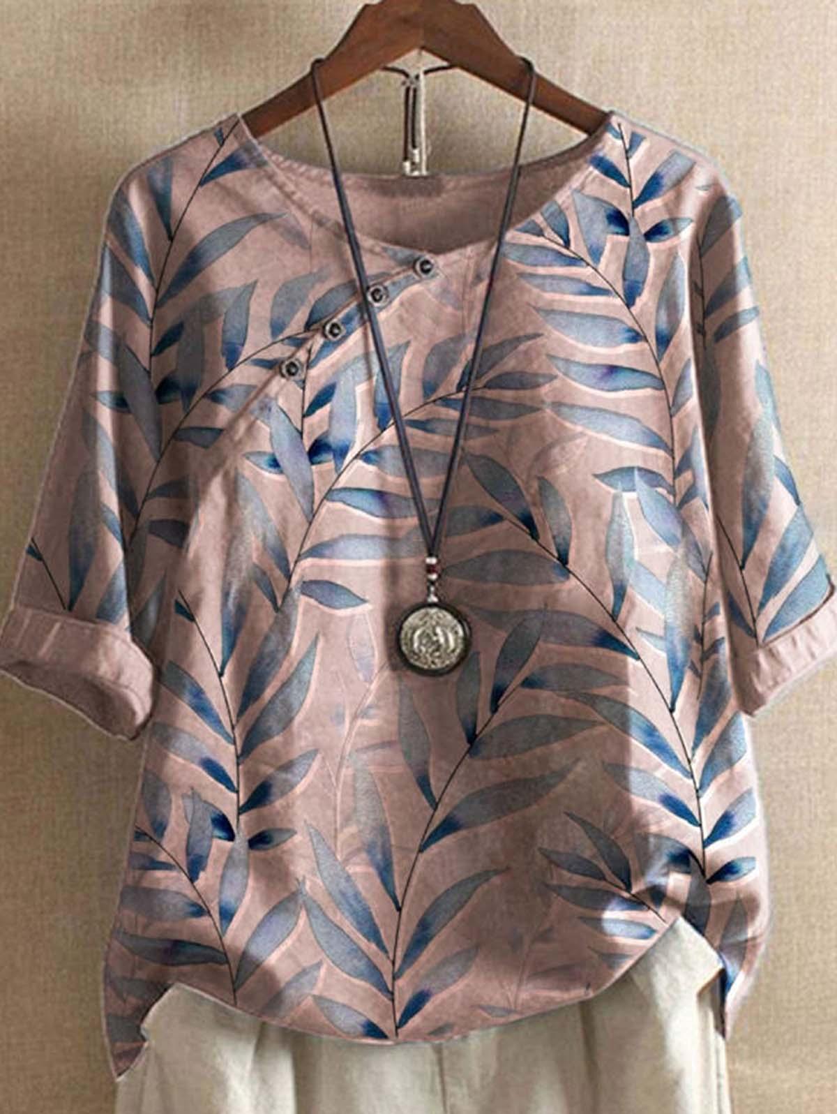 Cotton and Linen Botanical Print Crew Neck Loose Shirt