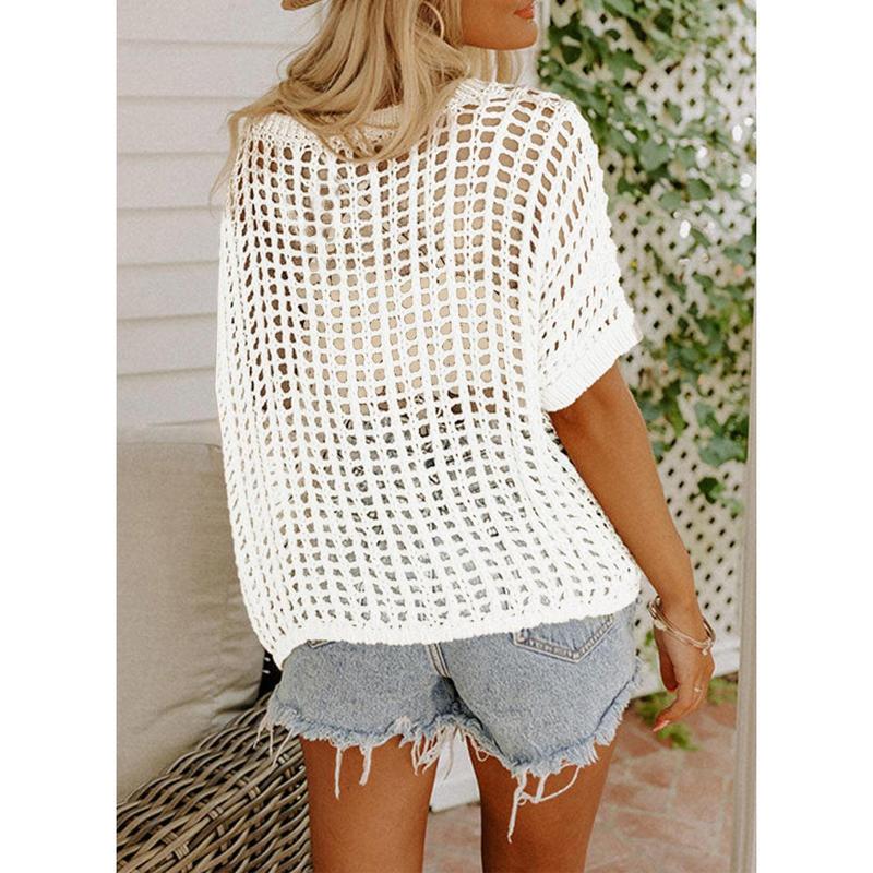 🎁 Womens Summer Scoop Neck Short Sleeve Sweater Casual Crochet Hollow Out Knit Tops Pullover Shirts Beach Coverup