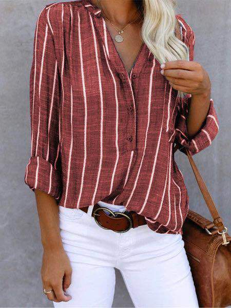 Astylish Women V Neck Striped Roll up Sleeve Button Down Blouse Tops