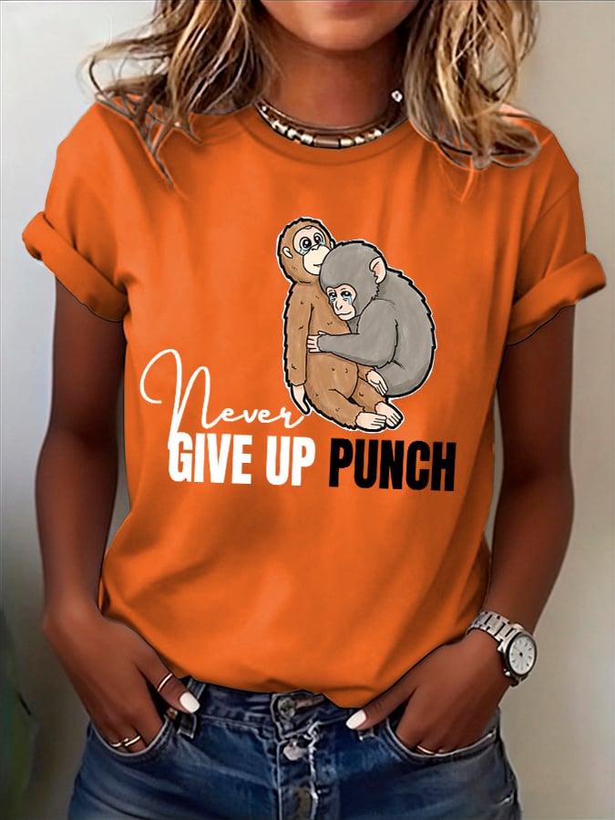 Women's Retro Baby Monkey Punch Never Give Up Print T-shirt