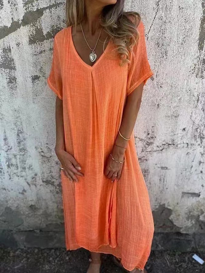 Women'S Solid Color V-Neck Linen Dress