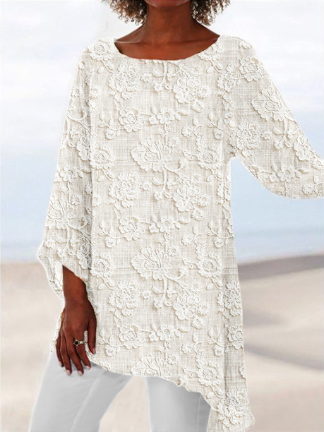 Floral Lace Embroidered Linen Blend Flowy Tunic