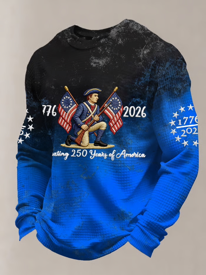 Men's Vintage American Flag Print Top - 250th Anniversary (1776-2026) Patriotic Soldier Embroidery Waffle Knit Long Sleeve Crew Neck Casual Tee