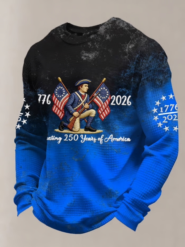 Men's Vintage American Flag Print Top - 250th Anniversary (1776-2026) Patriotic Soldier Embroidery Waffle Knit Long Sleeve Crew Neck Casual Tee