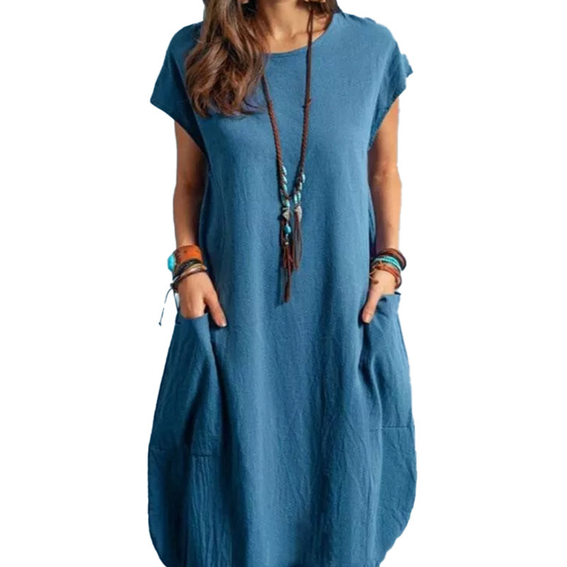 Cotton and Linen Loose Casual Solid Color Dress