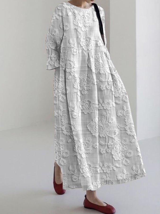 Women's Cotton And Linen Pink Lace Print Dress