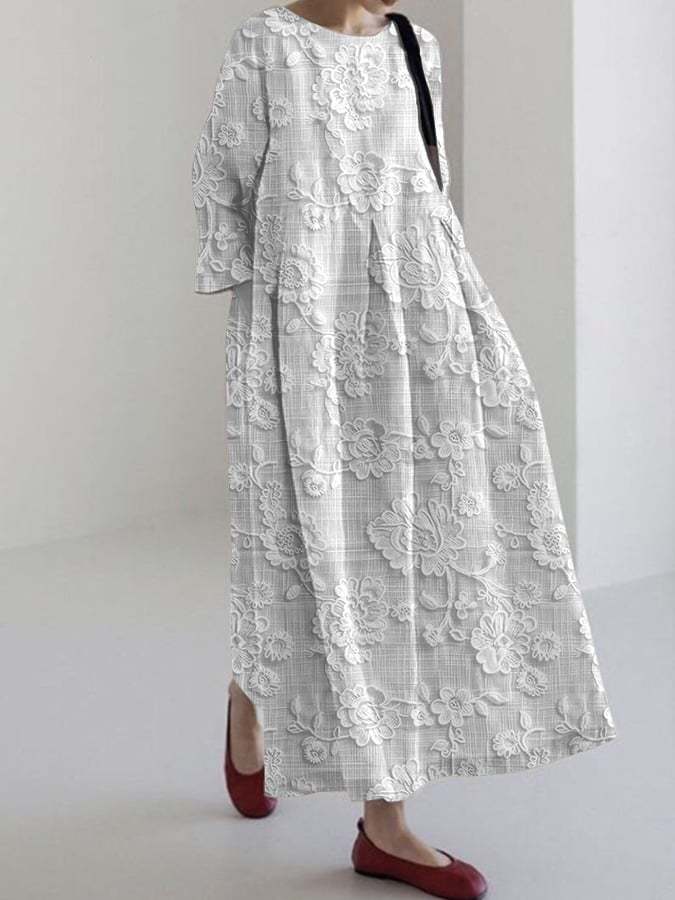 Women's Cotton And Linen Pink Lace Print Dress