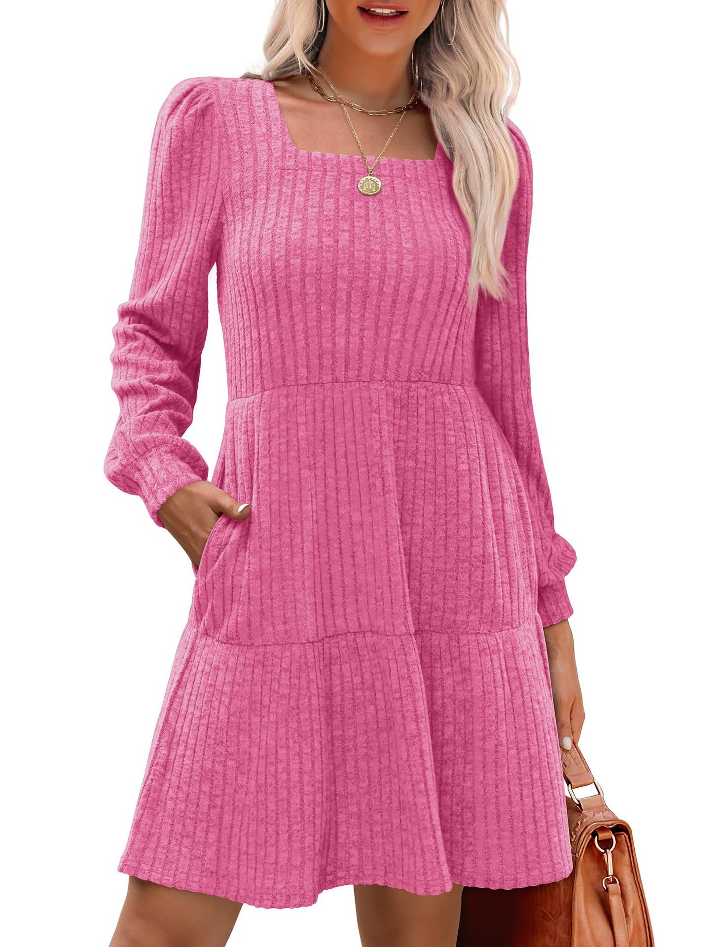 🔥Womens Square Neck Long Sleeve Fall Dresses Casual Babydoll Sweater Dress