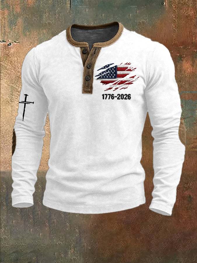 Men's US 250th Anniversary 1776-2026 Henley Collar Top – Distressed Flag Print & Cross Detail Long Sleeve Shirt