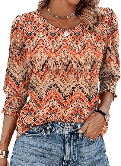 Hot Sale-Women Dressy Casual 3/4 Length Sleeve Blouses with Smocked Cuffs