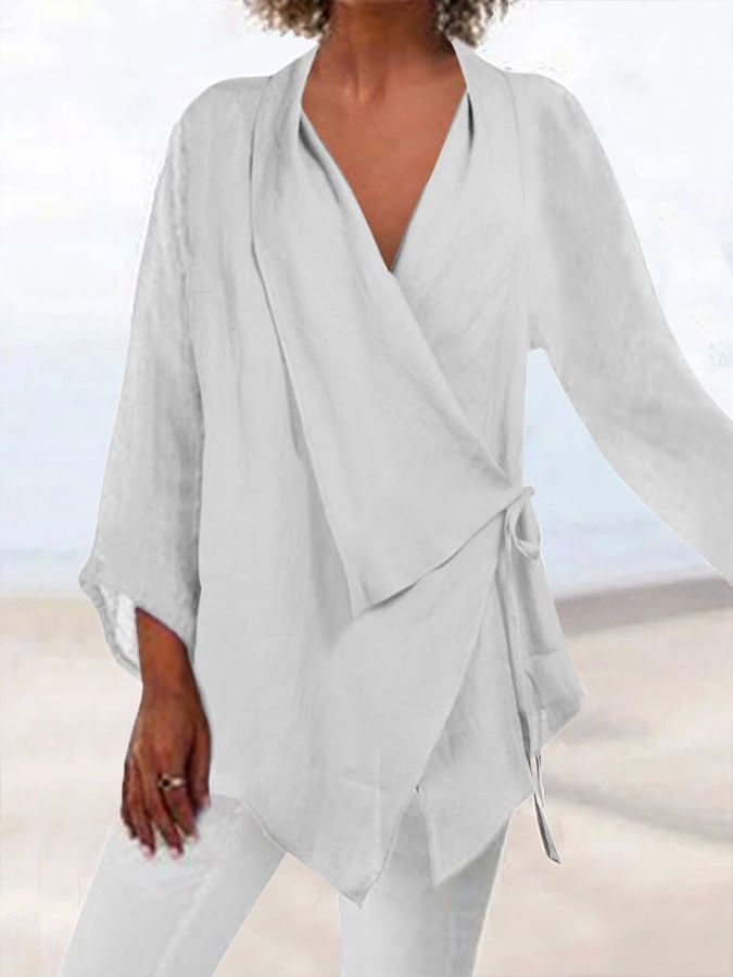 Women's cotton and linen lapel lace-up casual shirt