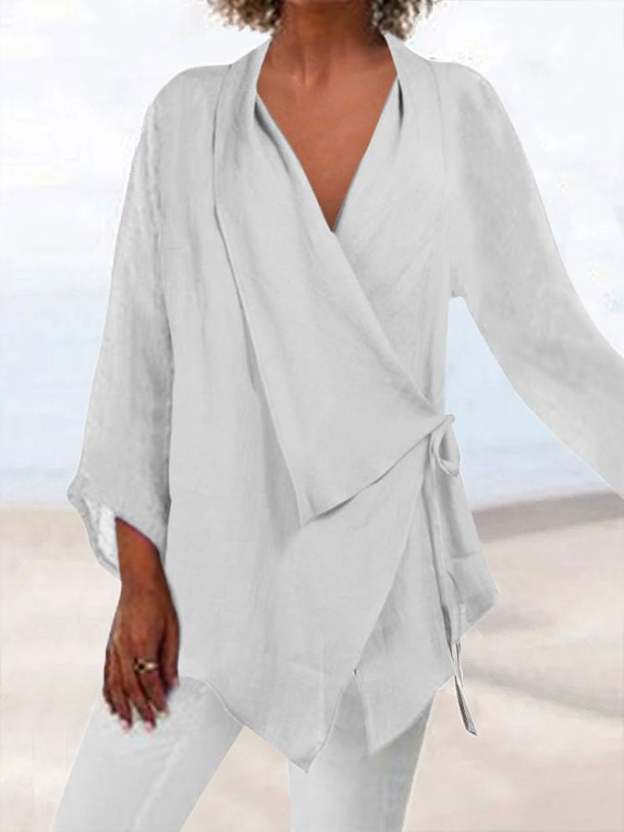 Women's cotton and linen lapel lace-up casual shirt