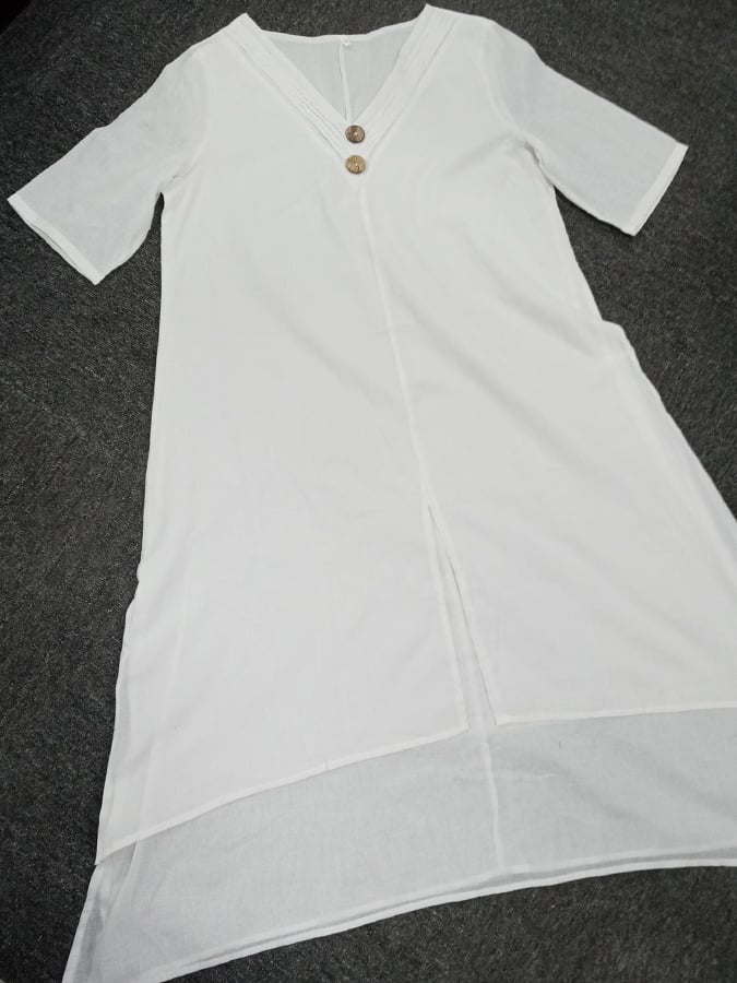 Cotton And Linen Double-Layer Slit V-Neck Art Dress