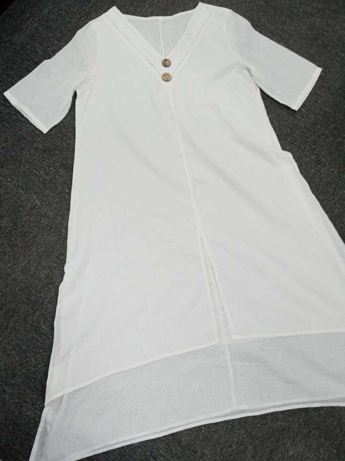 Cotton And Linen Double-Layer Slit V-Neck Art Dress