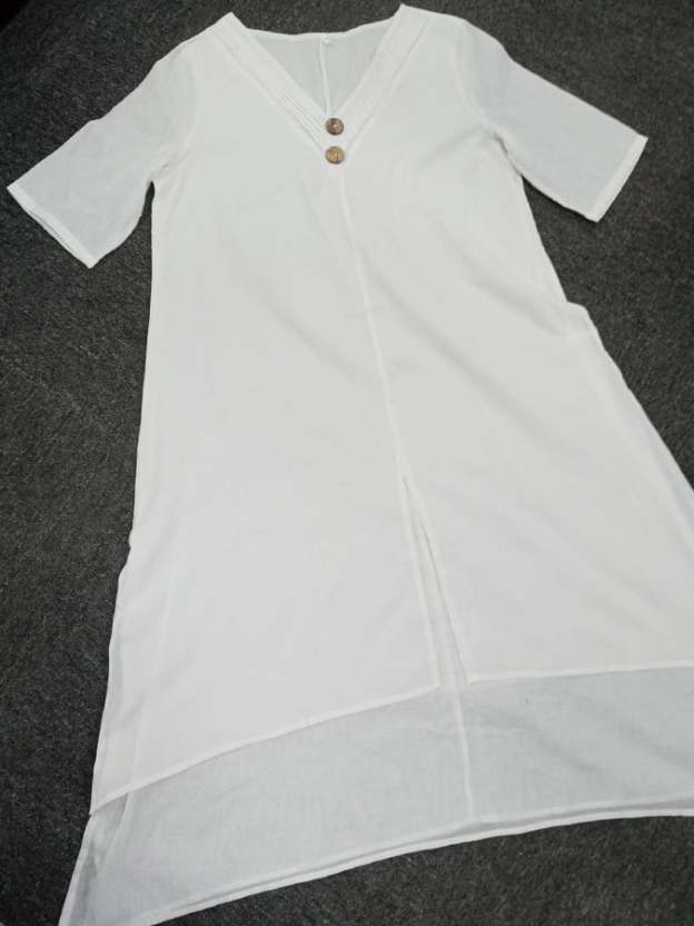 Cotton And Linen Double-Layer Slit V-Neck Art Dress