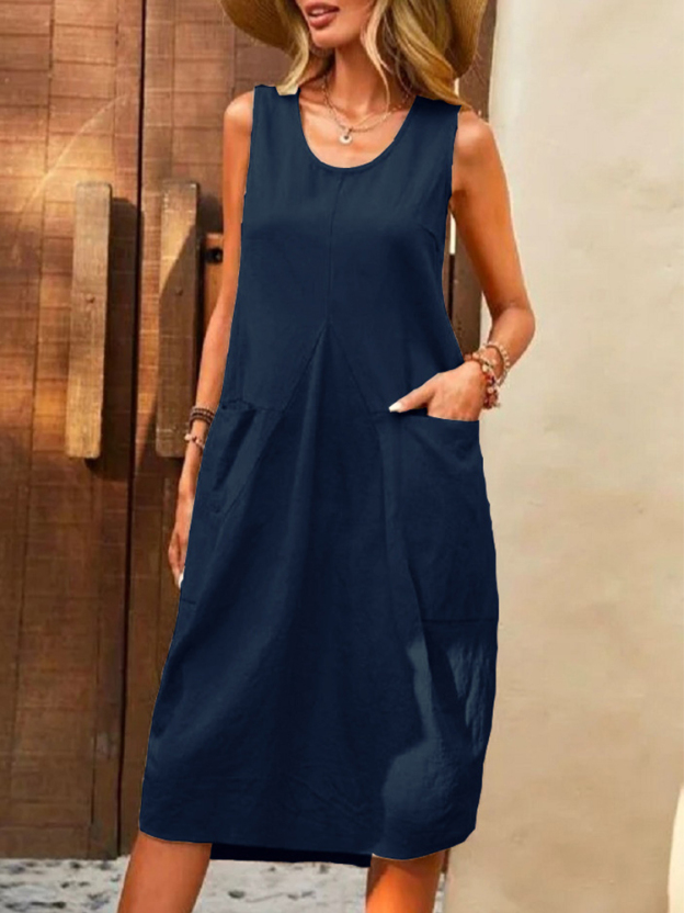 Comstylish Solid Color Patch Pocket Round Neck Sleeveless Midi Dress