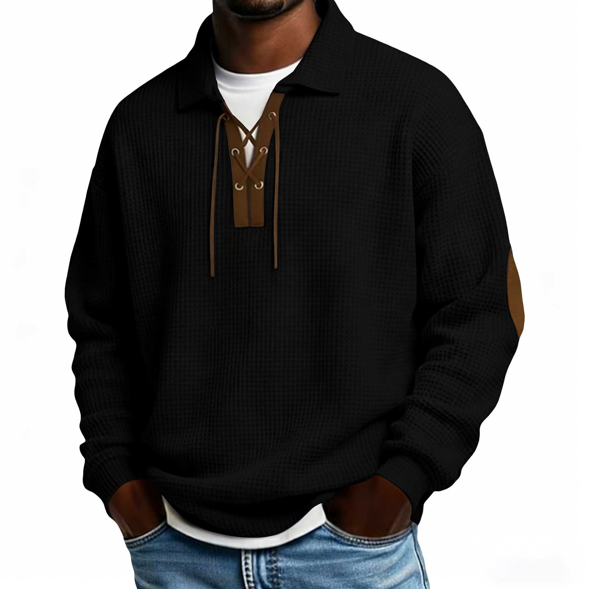 Men's long-sleeved solid color polo shirt/sweatshirt