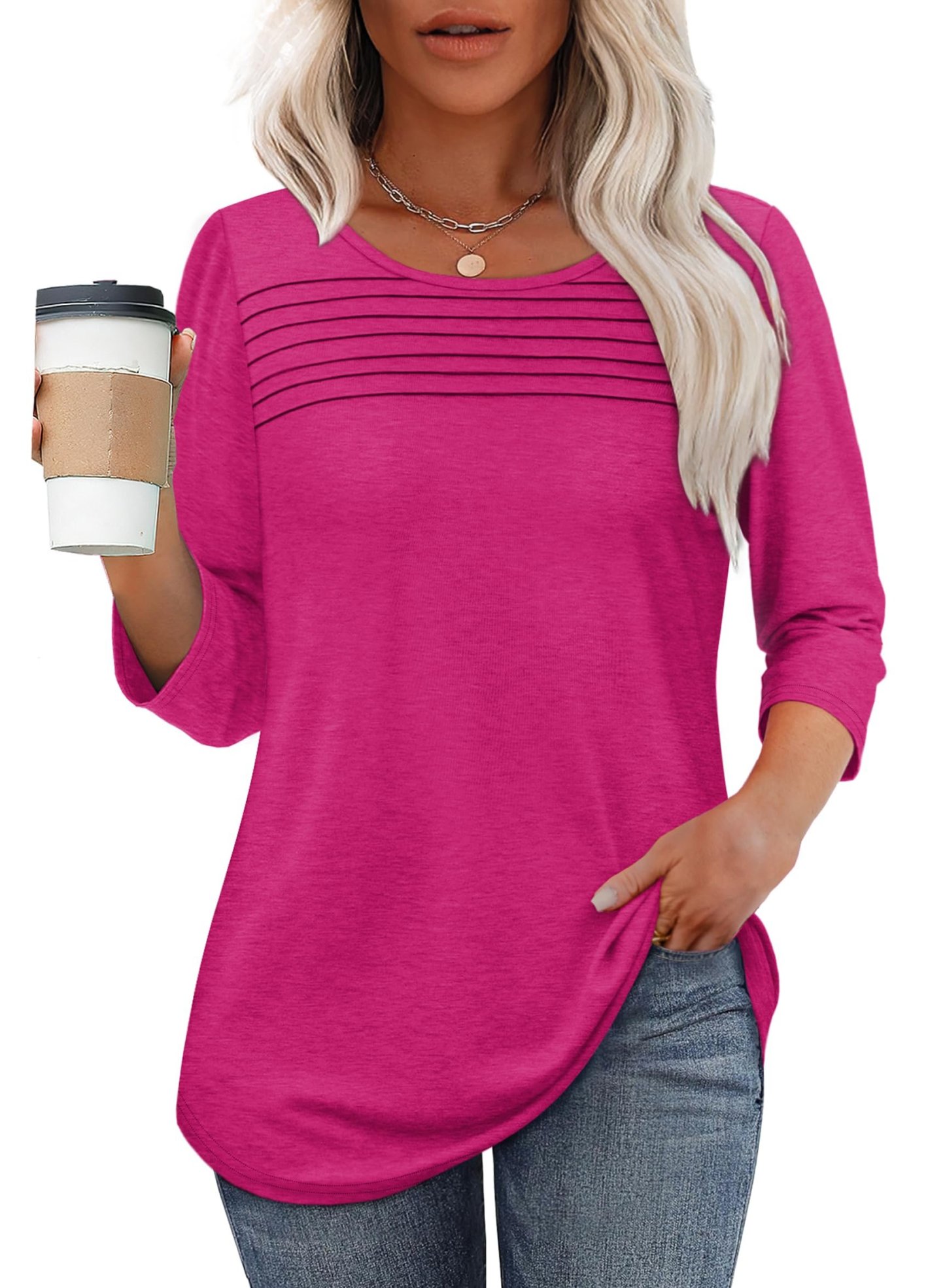 NEW🔥 2025 Women's 3/4 Length Sleeve Top Pleated Front T-Shirt