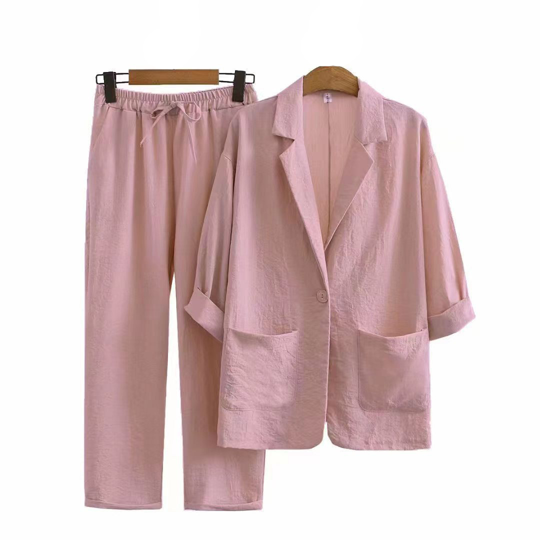 Women'S Commuter Suits Cotton And Linen Jacket Pants Pocket Loose Fashion Casual Suit