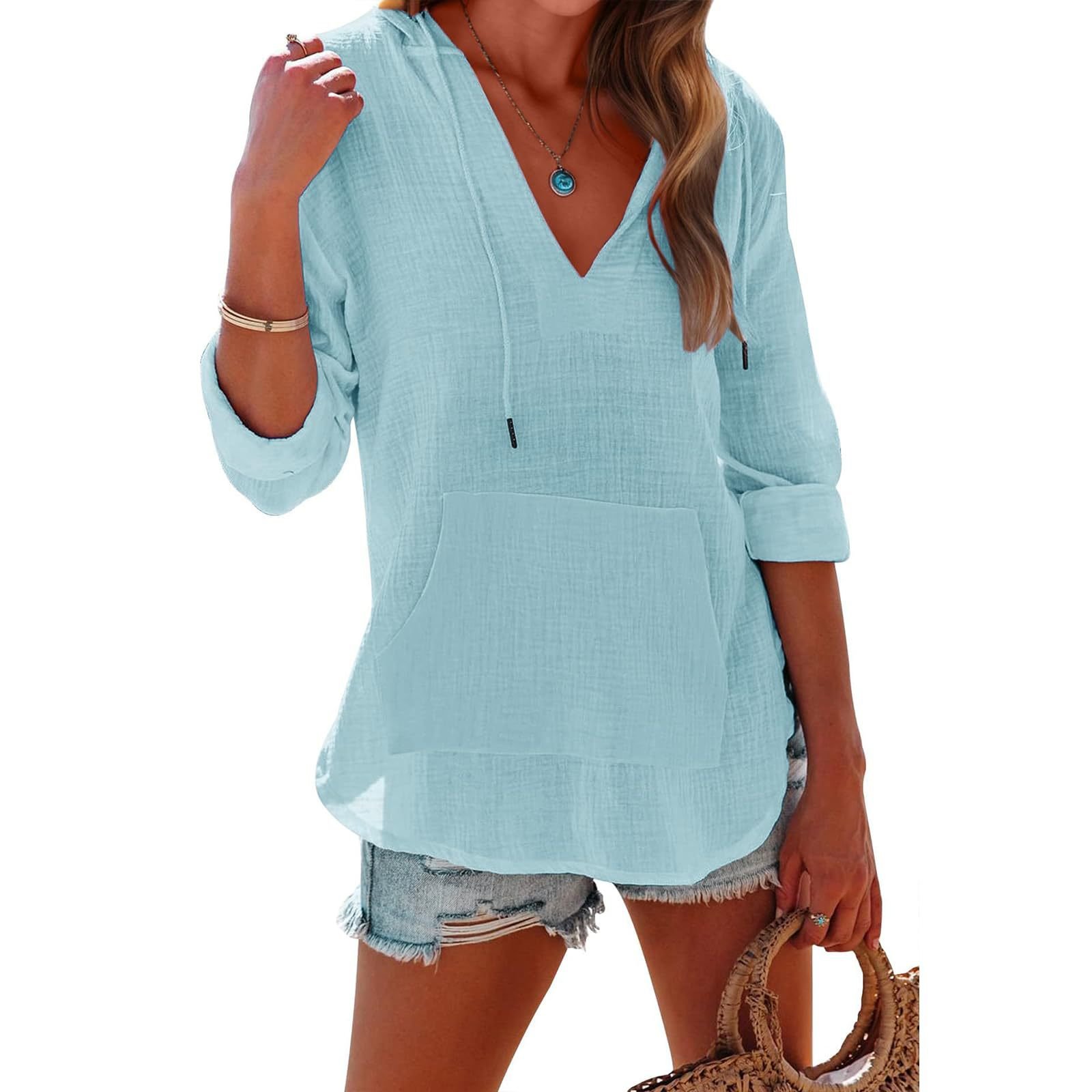 Women's Oversized Hooded Beach Cover Up - Long Sleeve V-Neck Pocket Shirt