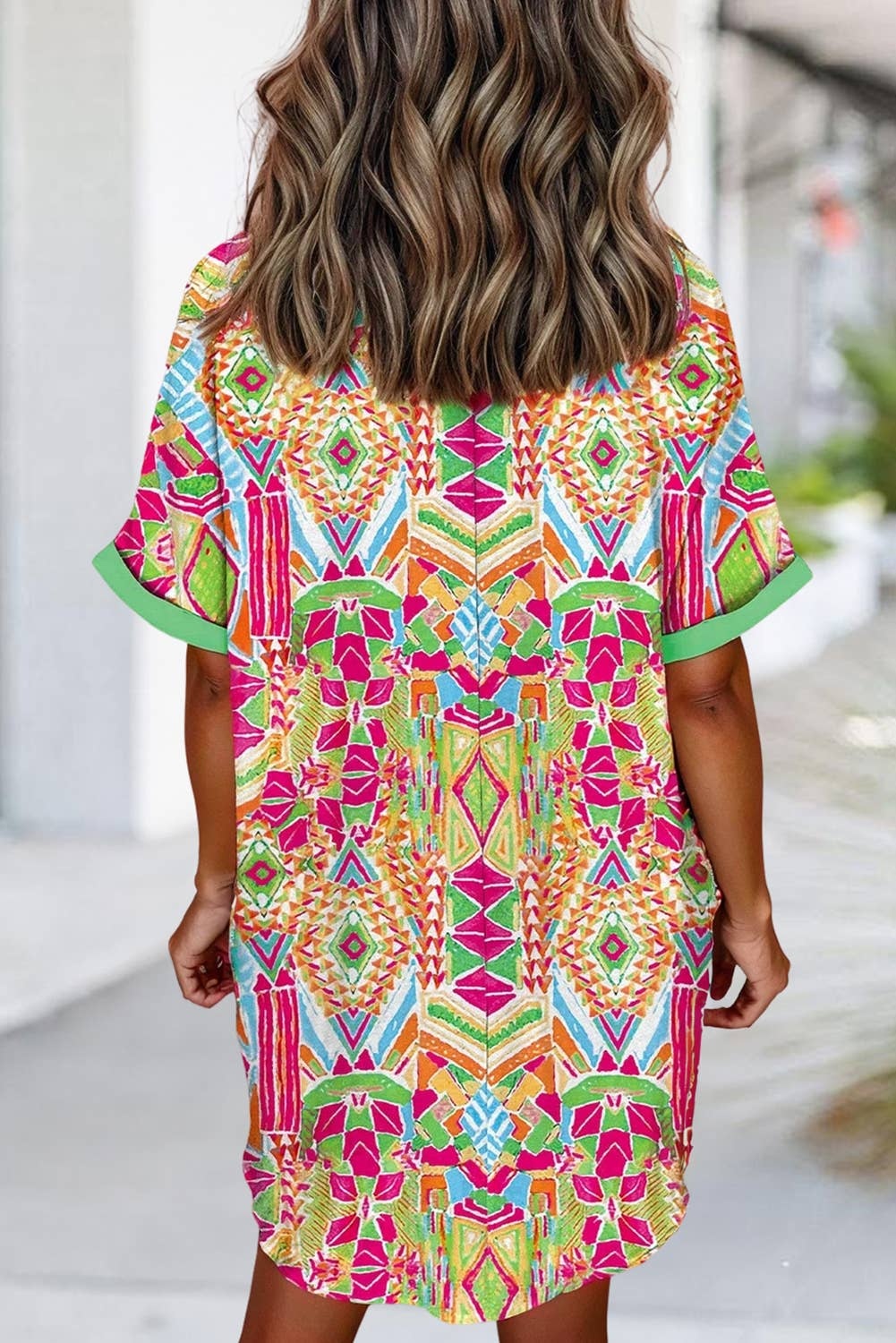 Geometric Print Contrast Short Sleeve Shirt Dress