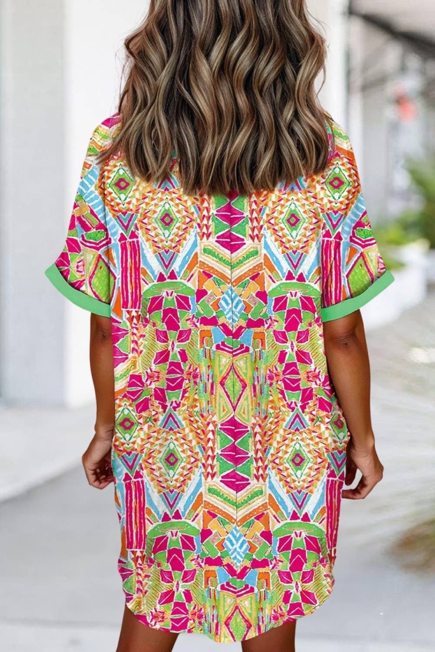 Geometric Print Contrast Short Sleeve Shirt Dress