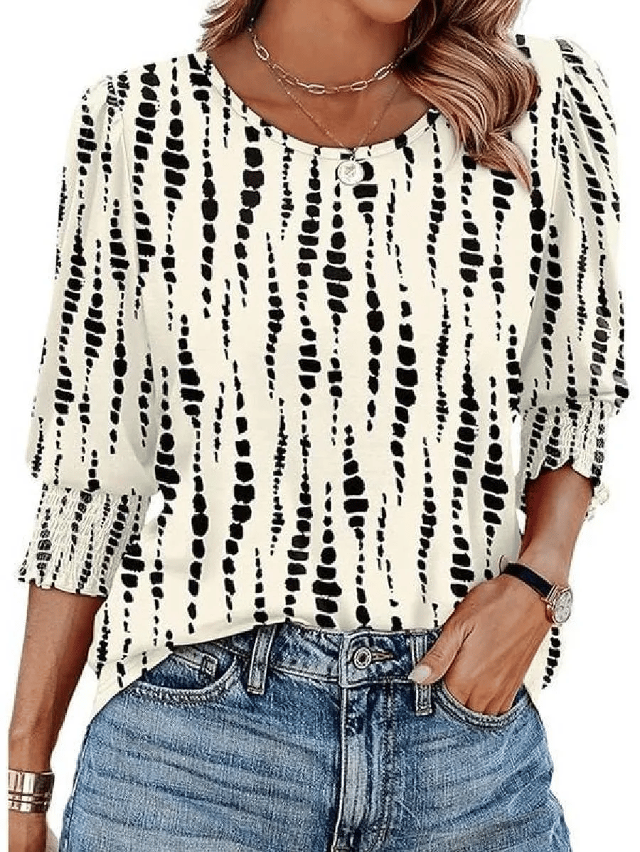 Hot Sale-Women Dressy Casual 3/4 Length Sleeve Blouses with Smocked Cu