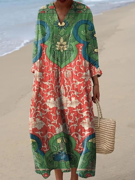 Women's Vintage Lovely Floral Art Print Cotton Dress