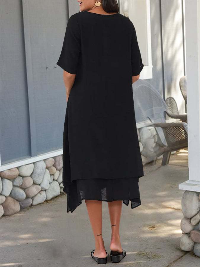Cotton And Linen Double-Layer Slit V-Neck Art Dress