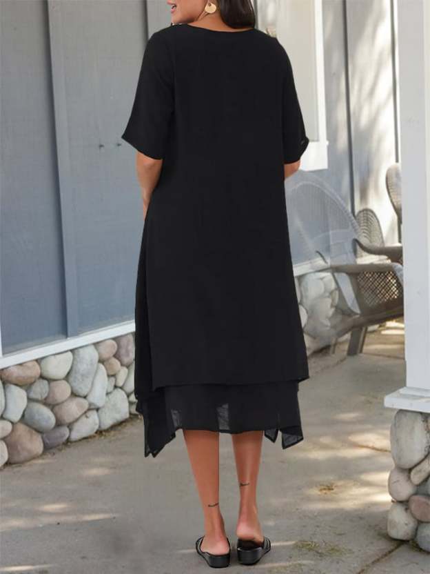 Cotton And Linen Double-Layer Slit V-Neck Art Dress