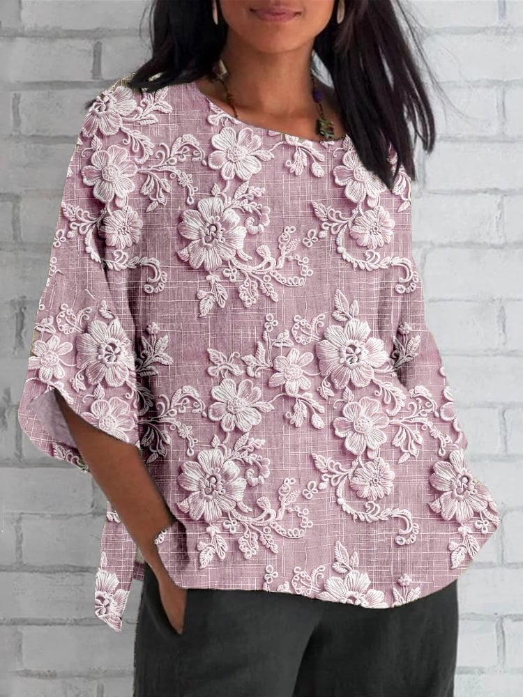 Women's Cotton And Linen Floral Lace Embroidered Print Top