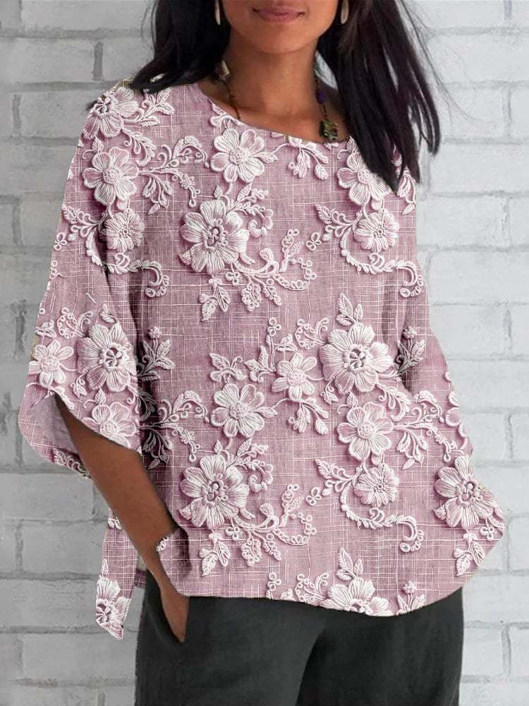 Women's Cotton And Linen Floral Lace Embroidered Print Top