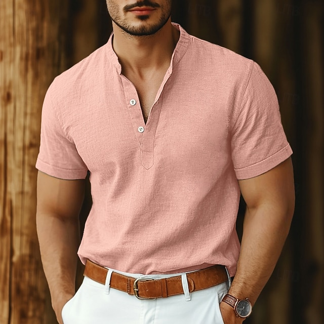 Men's Shirt Linen Shirt Band Collar Shirt Popover Shirt Summer Shirt Beach Wear Plain Vacation Casual Black White Pink Navy Blue Short Sleeve Henley Summer Clothing Apparel