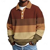 Men's Horizontal Stripes Waffle Polo Shirts Textured Long Sleeve Polo Shirts