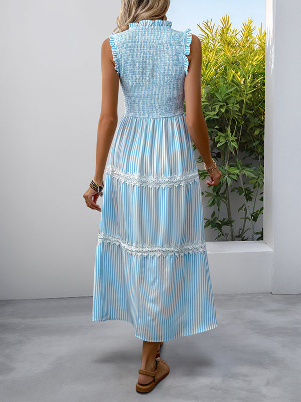 New Ruffled Round Neck Sleeveless Vest Striped Dress