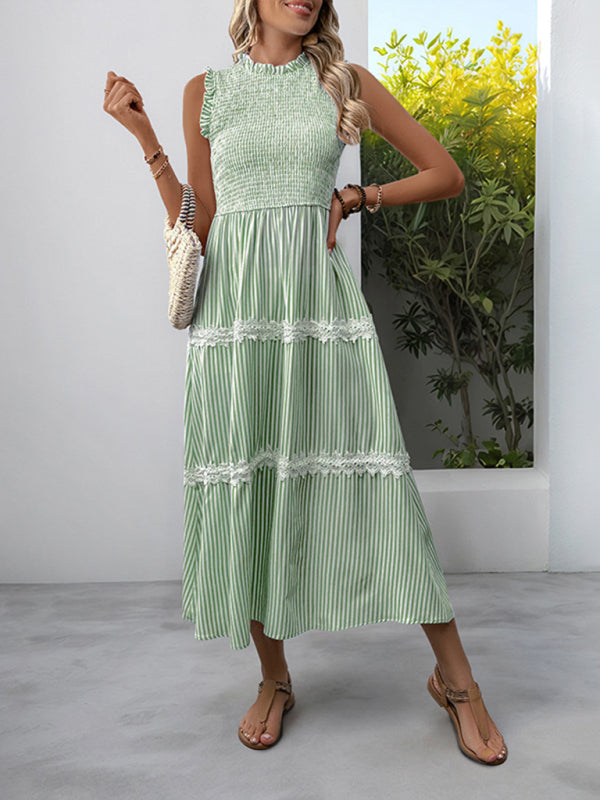 New Ruffled Round Neck Sleeveless Vest Striped Dress