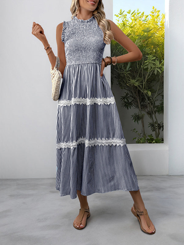 New Ruffled Round Neck Sleeveless Vest Striped Dress